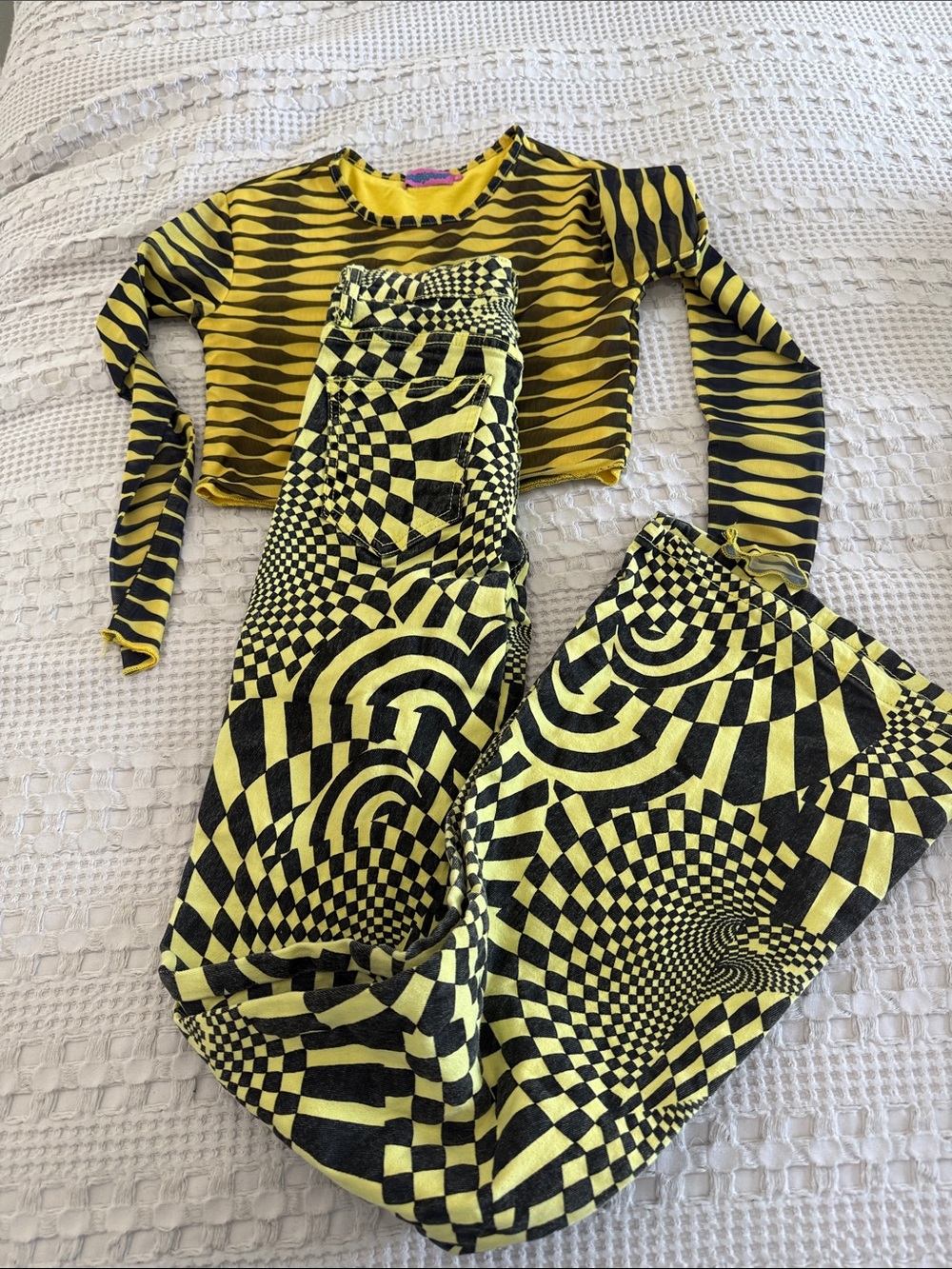 Yellow and Black Kids Costume Set - Psychedelic Pattern Top & Pants